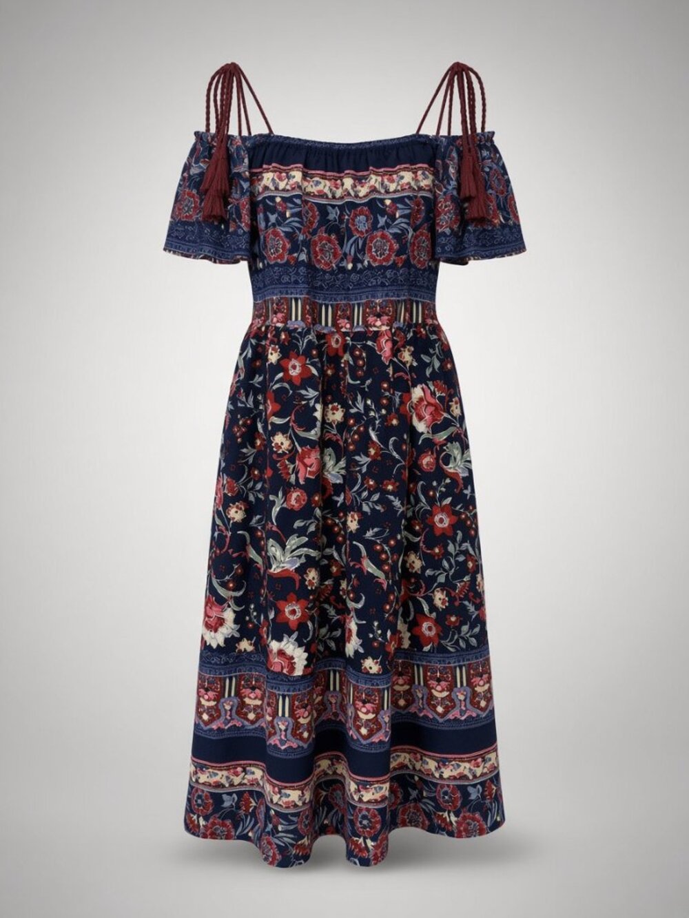 Navy Blue Floral Pattern String Tie Off-Shoulder with 2 Pockets Dress